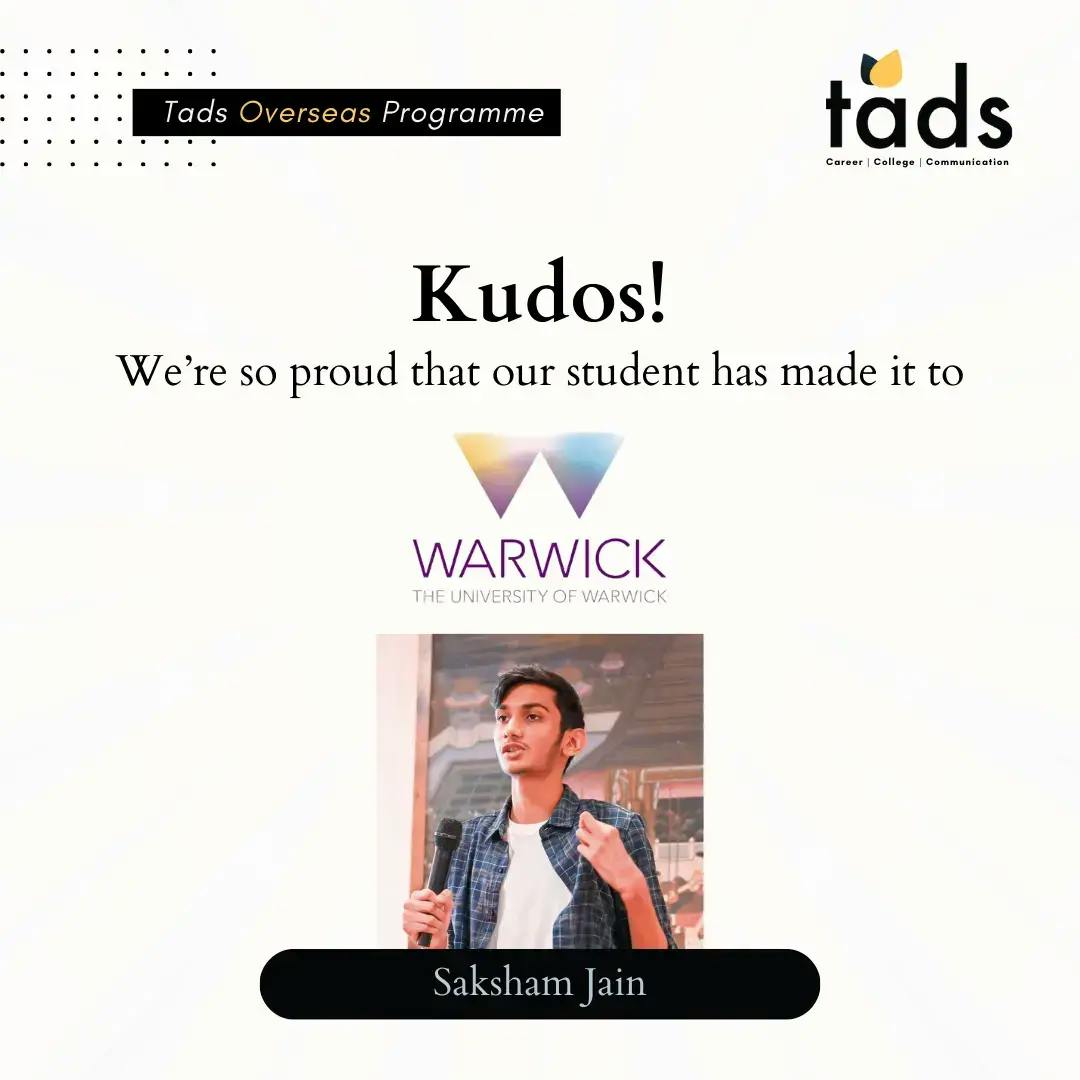 Saksham admitted to University of Warwick