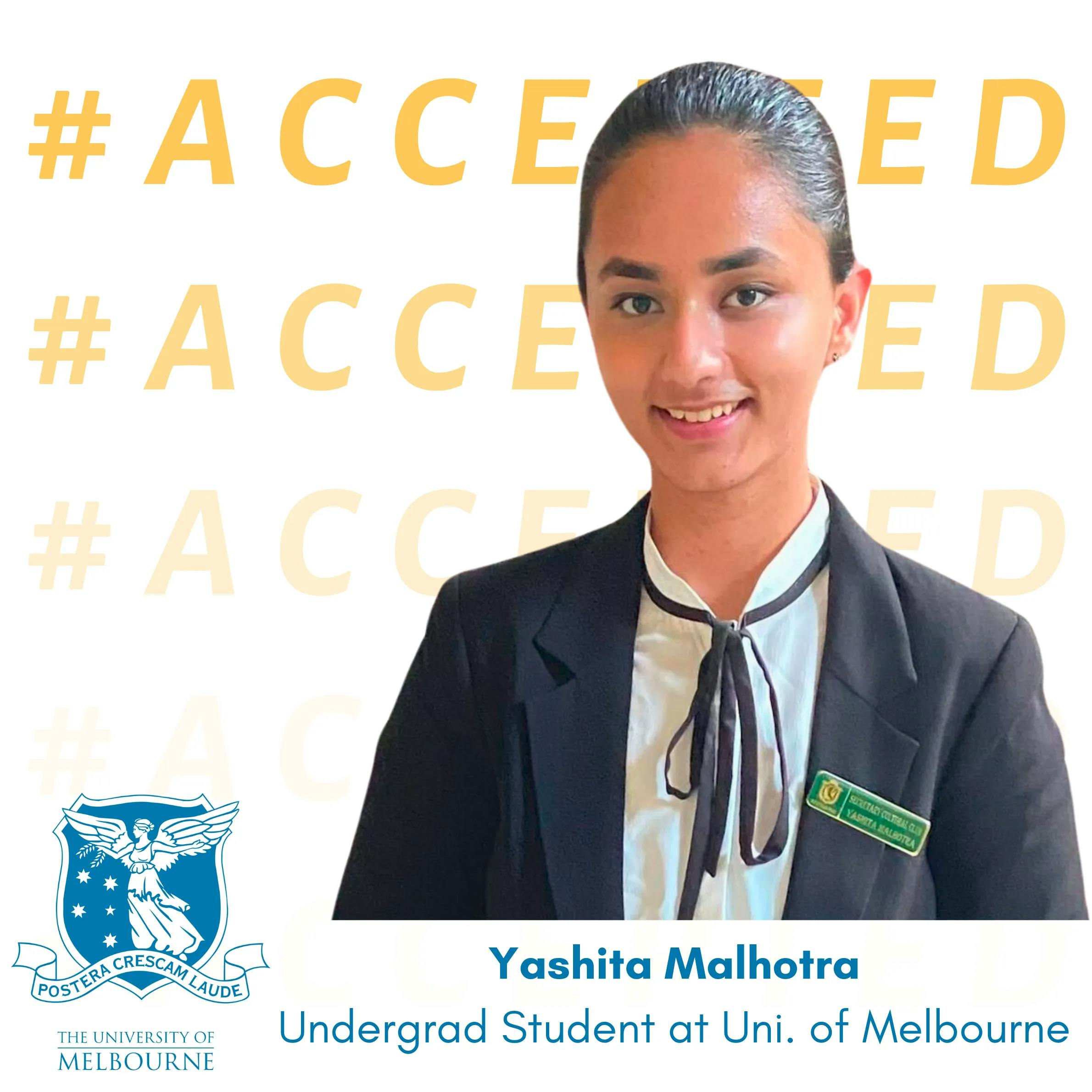 Yashita Malhotra admitted to University of Melbourne