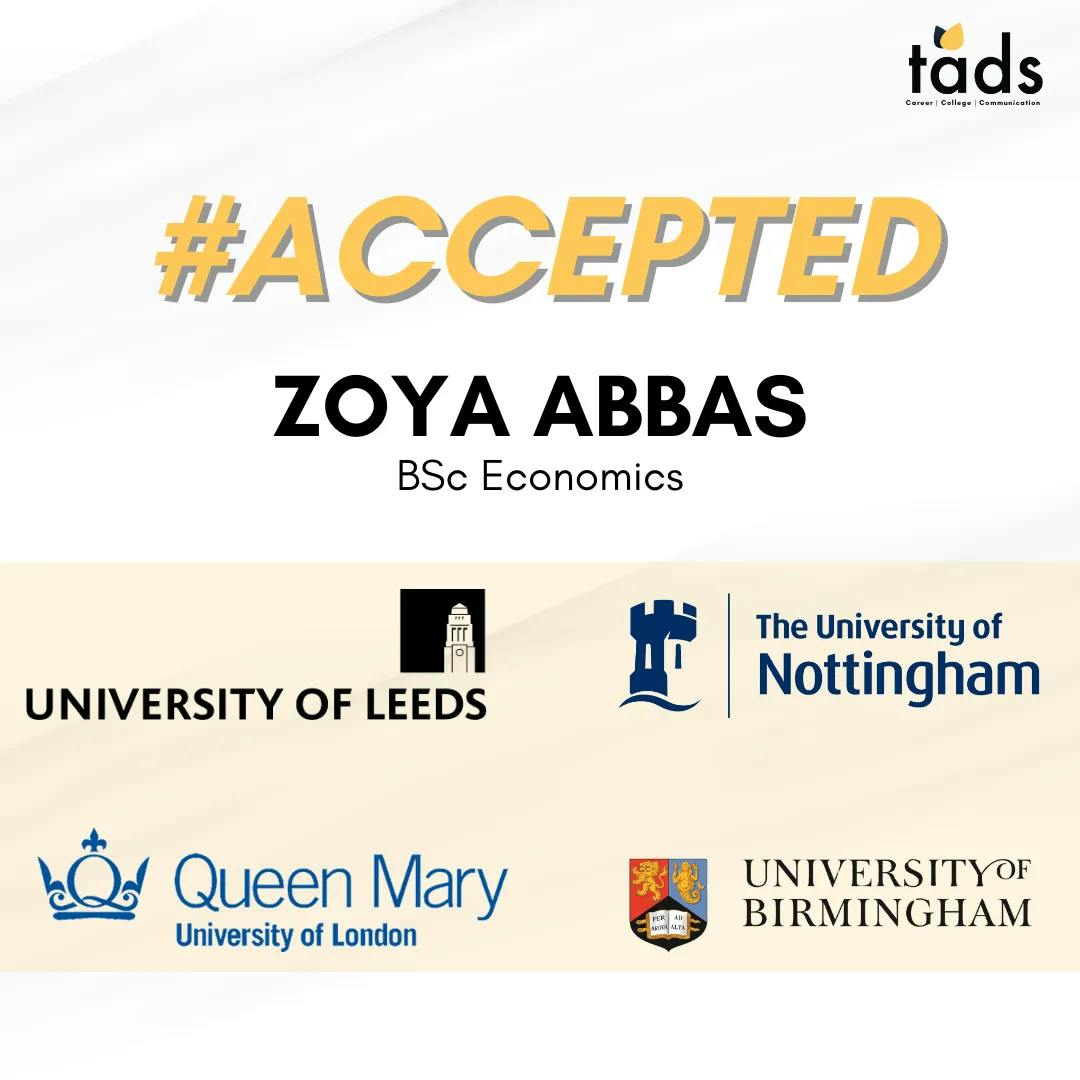 Zoya Abbas admitted to The University of Nottingham